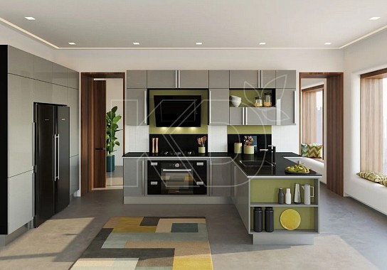 Угловая кухня в зеленом цвете