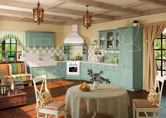Угловая кухня в зеленом цвете